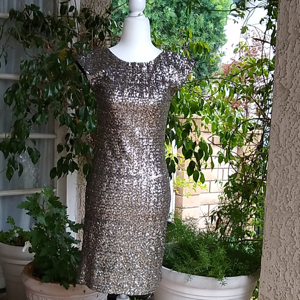 Saks Fifth Ave Stretch Silver Sequin Dress…